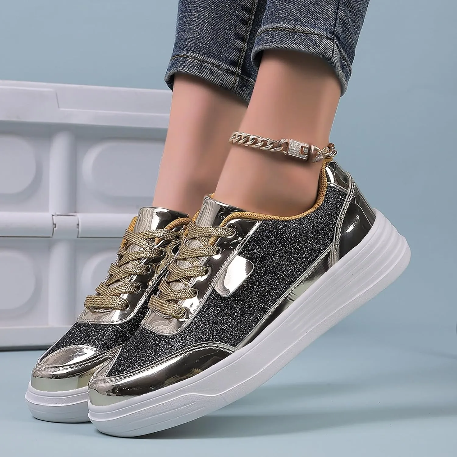 Glitter Sneakers for Women Sequins Sparkly Shoes Fashion Walking Shoes Shiny Lace-up Comfortable Trendy Running Footwear Sneakers