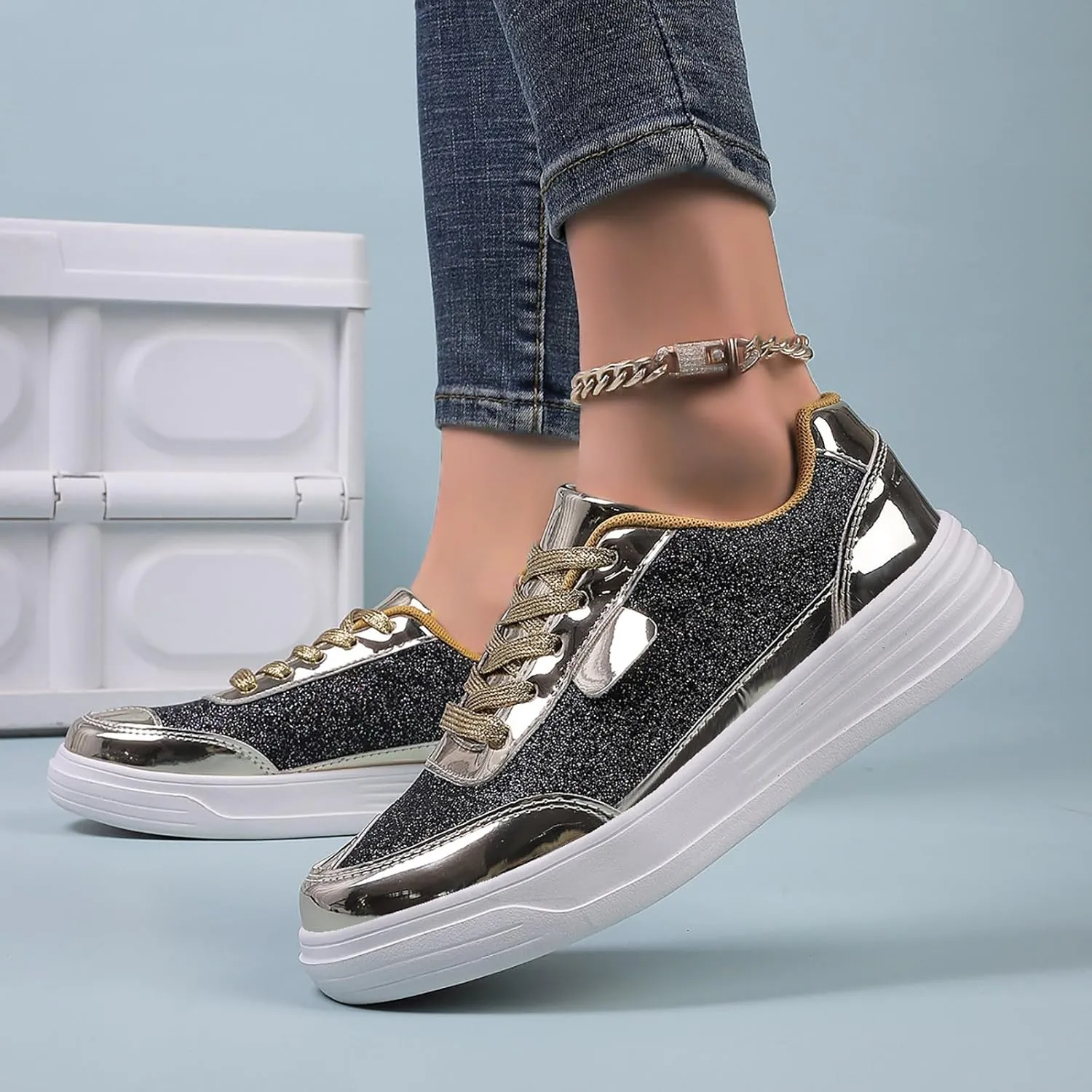 Glitter Sneakers for Women Sequins Sparkly Shoes Fashion Walking Shoes Shiny Lace-up Comfortable Trendy Running Footwear Sneakers