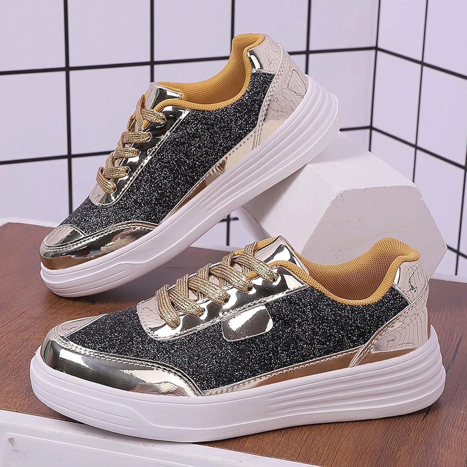 Glitter Sneakers for Women Sequins Sparkly Shoes Fashion Walking Shoes Shiny Lace-up Comfortable Trendy Running Footwear Sneakers