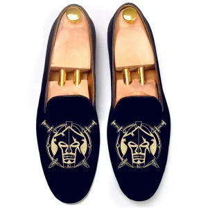Height Increasing Blue Velvet Spartan Shield Embroidered Loafers