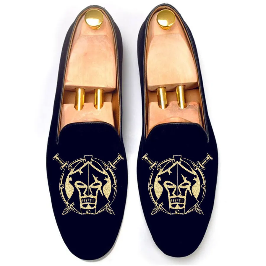 Height Increasing Blue Velvet Spartan Shield Embroidered Loafers