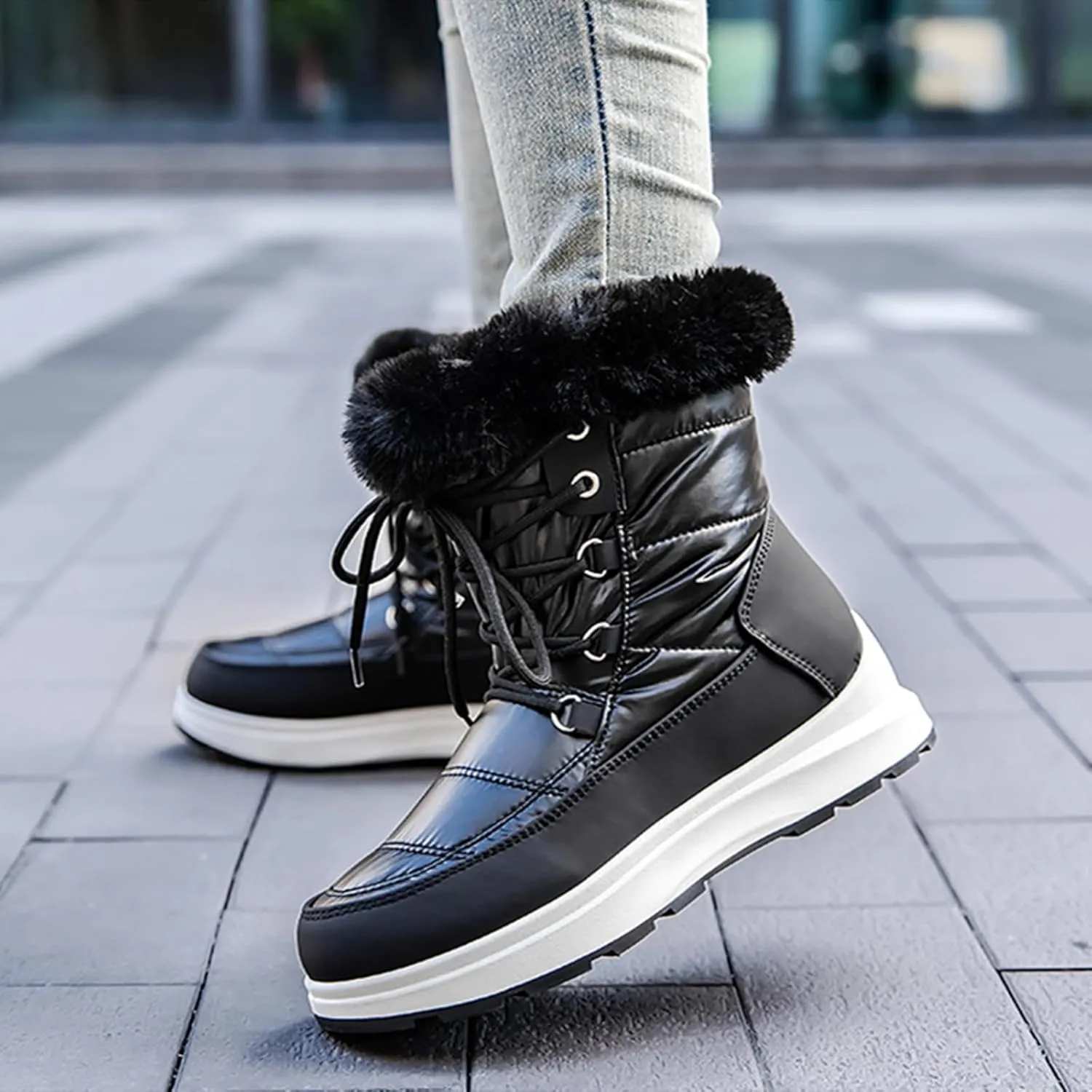 HINDOLA Waterproof Snow Boots for Women Faux Fur Cozy Warm Insulated Winter Boots Lace Up Mid-Calf Outdoor Shoes Walking Hiking Booties
