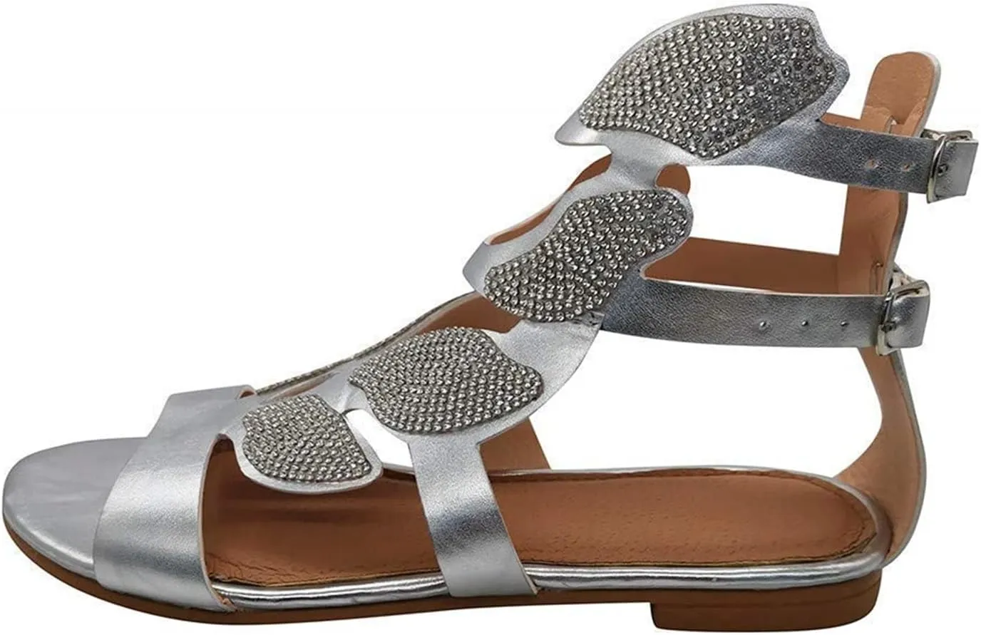 HINDOLA Women's Rhinestone Glitter Flat Sandals Summer Beach Sandal Casual Open Toe Flat Slippers Gladiator Roman Rhinestone Sandals for Women