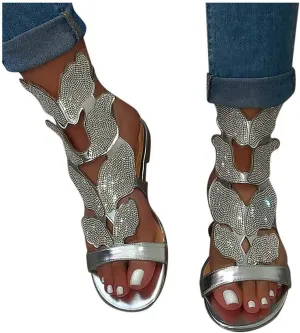 HINDOLA Women's Rhinestone Glitter Flat Sandals Summer Beach Sandal Casual Open Toe Flat Slippers Gladiator Roman Rhinestone Sandals for Women