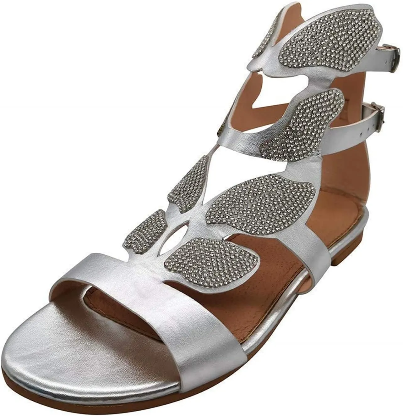 HINDOLA Women's Rhinestone Glitter Flat Sandals Summer Beach Sandal Casual Open Toe Flat Slippers Gladiator Roman Rhinestone Sandals for Women