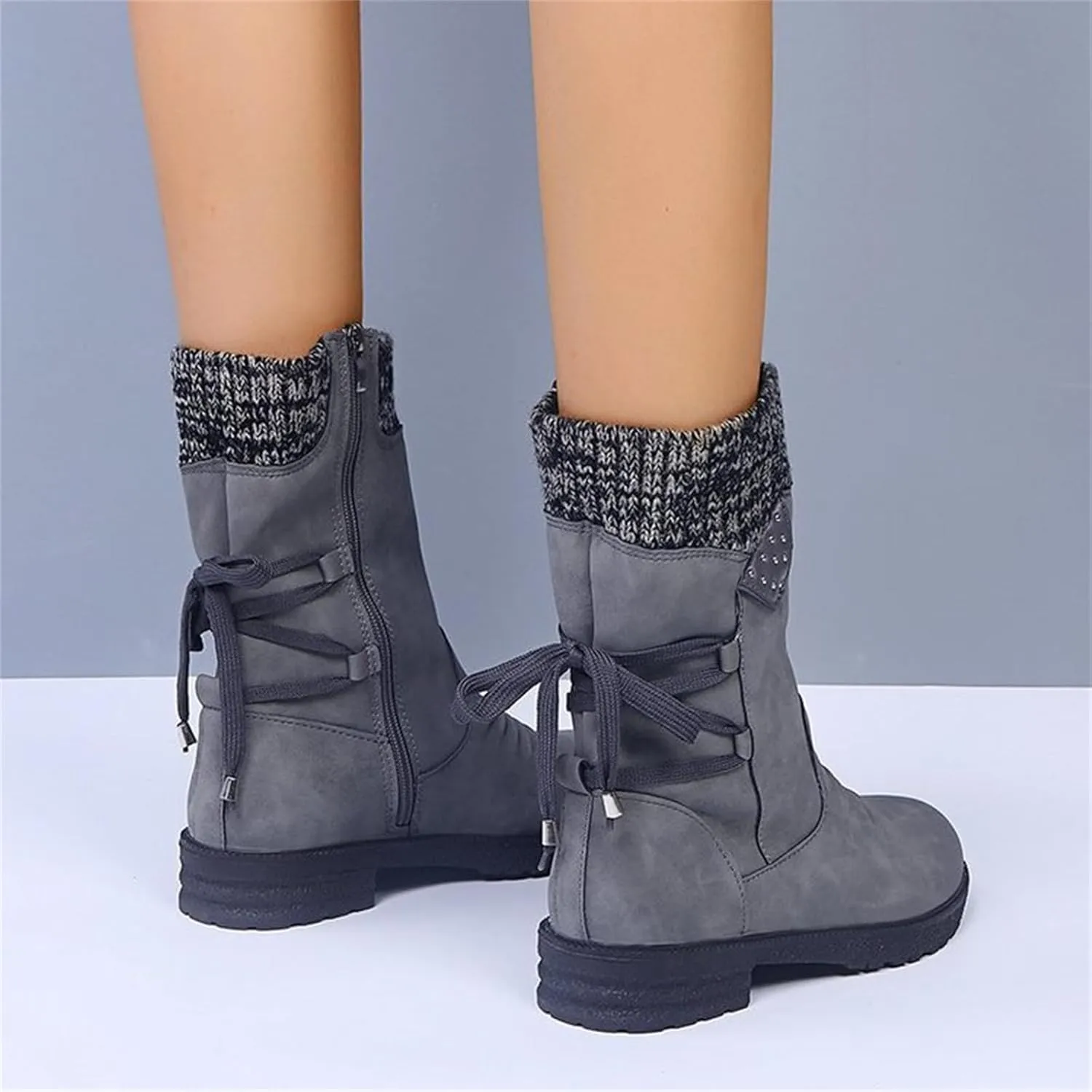 HINDOLA Women's Winter Mid-Calf Boots Anti-Slip Waterproof Outdoor Shoes Side Zipper Leather Knight Boots Fashion Lace Up Snow Booties for Women