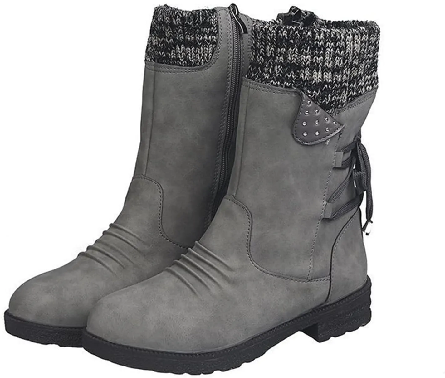 HINDOLA Women's Winter Mid-Calf Boots Anti-Slip Waterproof Outdoor Shoes Side Zipper Leather Knight Boots Fashion Lace Up Snow Booties for Women
