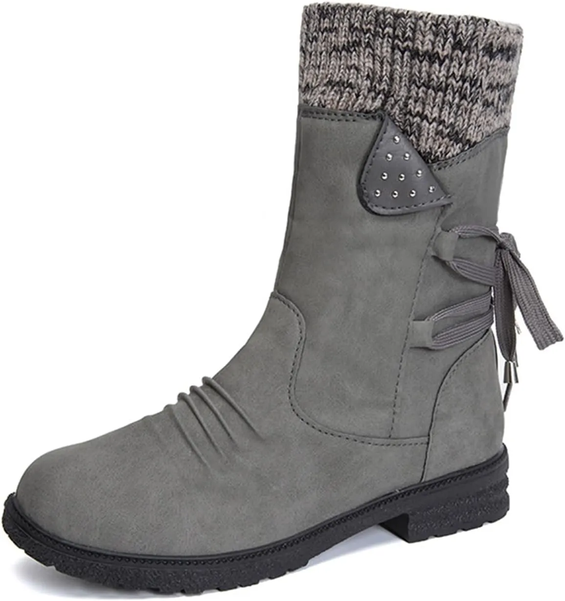 HINDOLA Women's Winter Mid-Calf Boots Anti-Slip Waterproof Outdoor Shoes Side Zipper Leather Knight Boots Fashion Lace Up Snow Booties for Women