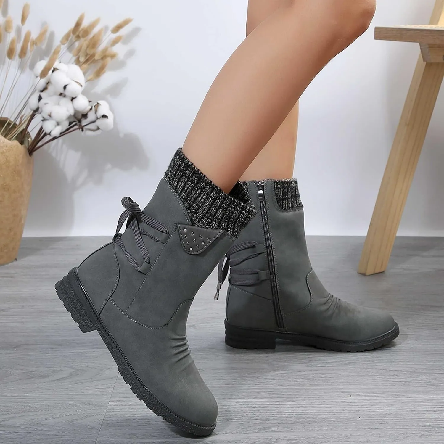 HINDOLA Women's Winter Mid-Calf Boots Anti-Slip Waterproof Outdoor Shoes Side Zipper Leather Knight Boots Fashion Lace Up Snow Booties for Women