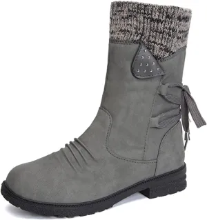 HINDOLA Women's Winter Mid-Calf Boots Anti-Slip Waterproof Outdoor Shoes Side Zipper Leather Knight Boots Fashion Lace Up Snow Booties for Women