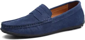 HOOENG Driving Moccasins for Men Genuine Leather Stitching Details Round Toe Suede Vamp Penny Loafer Rubber Sole Lightweight Resistant Flat Heel Walking (Color : Deep Blue, Size : 6.5)