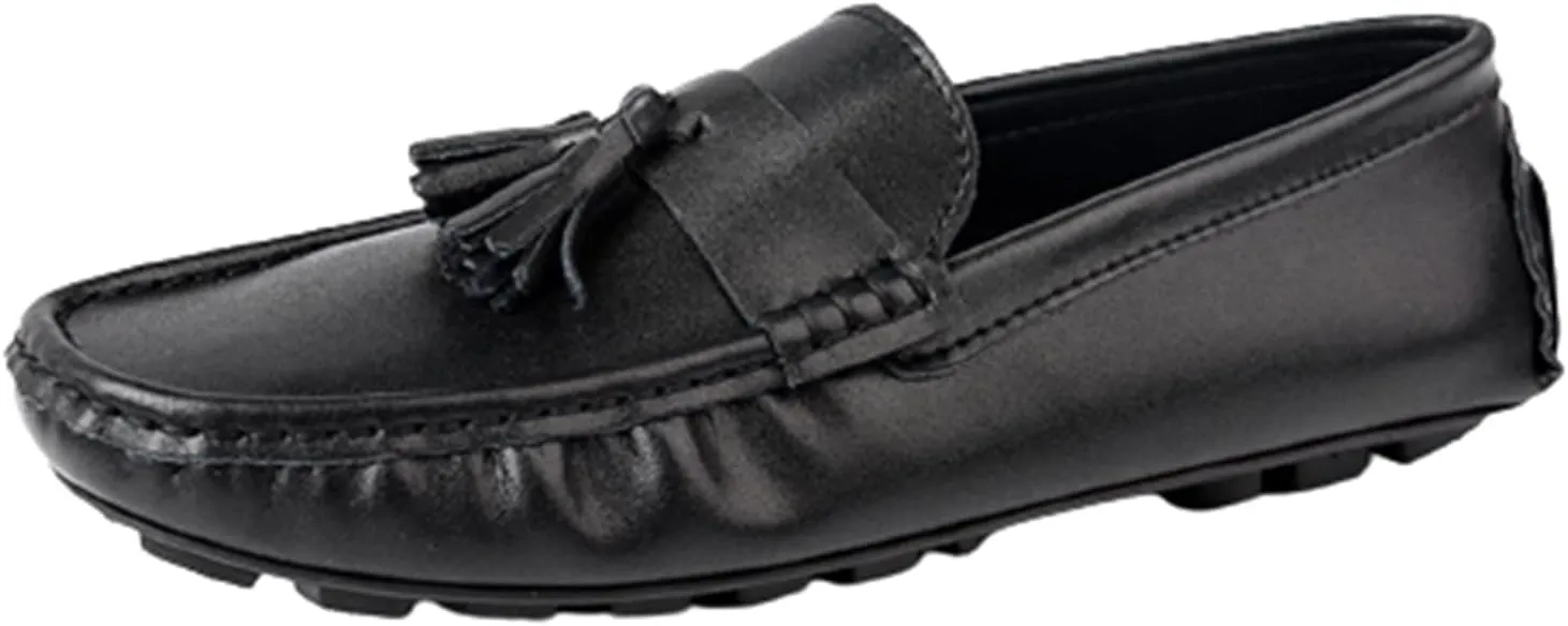 HOOENG Smoking Loafer for Men Tassel Stitching Details Round Toe Genuine Leather Flexible Flat Heel Lightweight Driving Slip On (Color : Black, Size : 10.5)