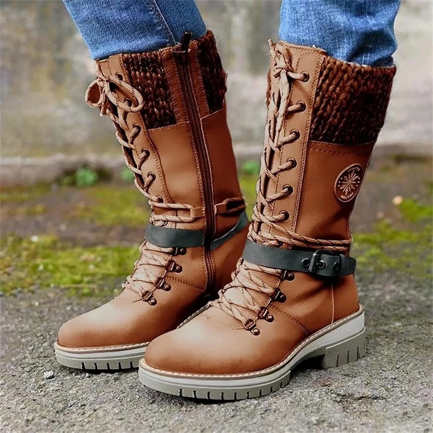 Ladmiple Combat Boots Womens Mid Calf Military Winter Boot Side Zipper Low Heel Motorcycle Riding Biker Western Ankle Booties