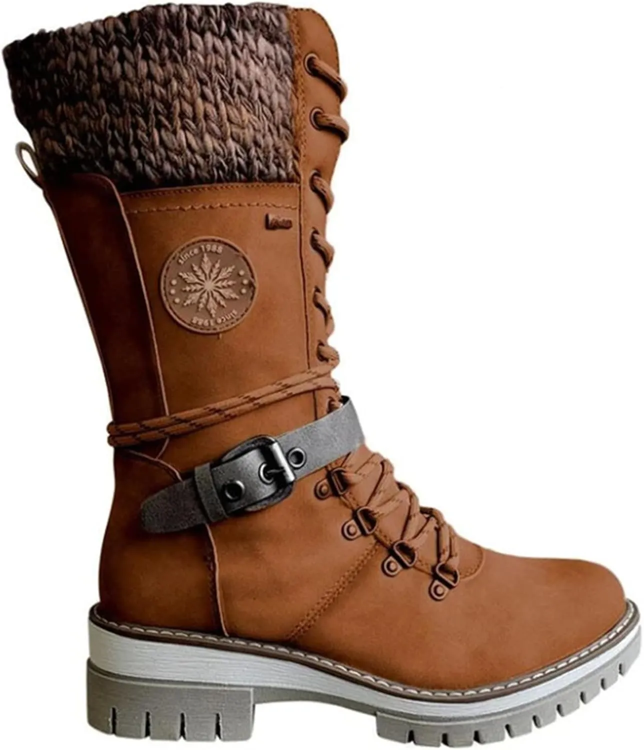 Ladmiple Combat Boots Womens Mid Calf Military Winter Boot Side Zipper Low Heel Motorcycle Riding Biker Western Ankle Booties