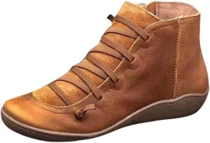 Leather Boots for Women Casual Retro Round Toe Lace-Up Flat Ankle Booties Comfortable Outdoor Shoe Short Boots (Brown, 6.5-7)