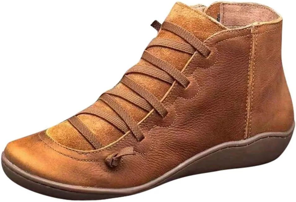 Leather Boots for Women Casual Retro Round Toe Lace-Up Flat Ankle Booties Comfortable Outdoor Shoe Short Boots (Brown, 6.5-7)