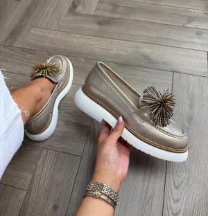 Marian (M4) 9203 Metallic Loafer With Diamanté Pom-Pom - Nacre Oro