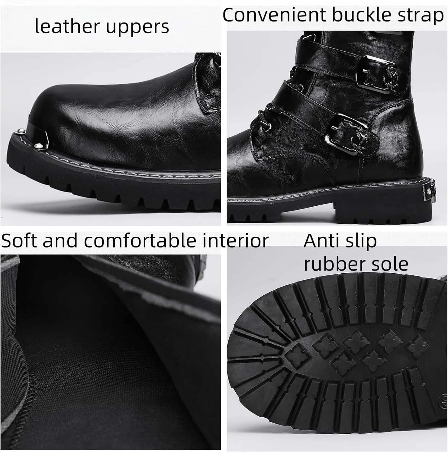 Men'S Black Leather Motorcycle Boots With Single Zip & 5-Buckle System Steel Toe Cap & Anti-Slip Rubber Sole Thickened Traction Outsole For Highway Riding Punk Style Ankle Support