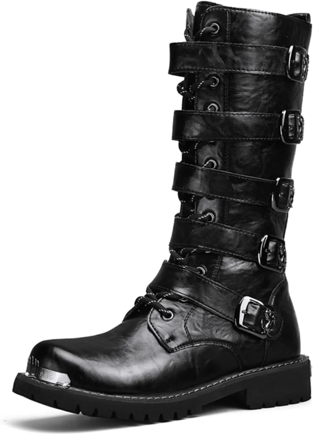 Men'S Black Leather Motorcycle Boots With Single Zip & 5-Buckle System Steel Toe Cap & Anti-Slip Rubber Sole Thickened Traction Outsole For Highway Riding Punk Style Ankle Support