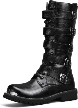 Men'S Black Leather Motorcycle Boots With Single Zip & 5-Buckle System Steel Toe Cap & Anti-Slip Rubber Sole Thickened Traction Outsole For Highway Riding Punk Style Ankle Support