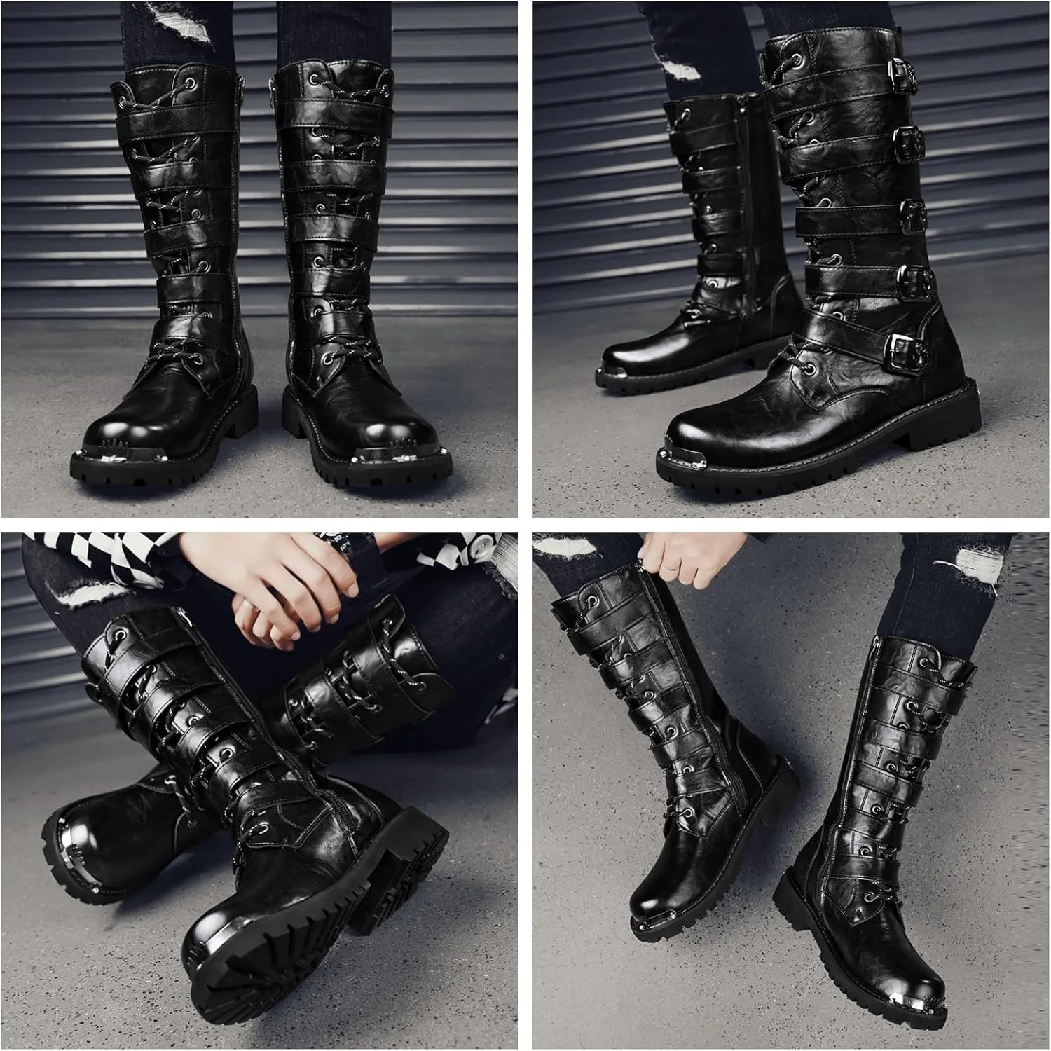 Men'S Black Leather Motorcycle Boots With Single Zip & 5-Buckle System Steel Toe Cap & Anti-Slip Rubber Sole Thickened Traction Outsole For Highway Riding Punk Style Ankle Support
