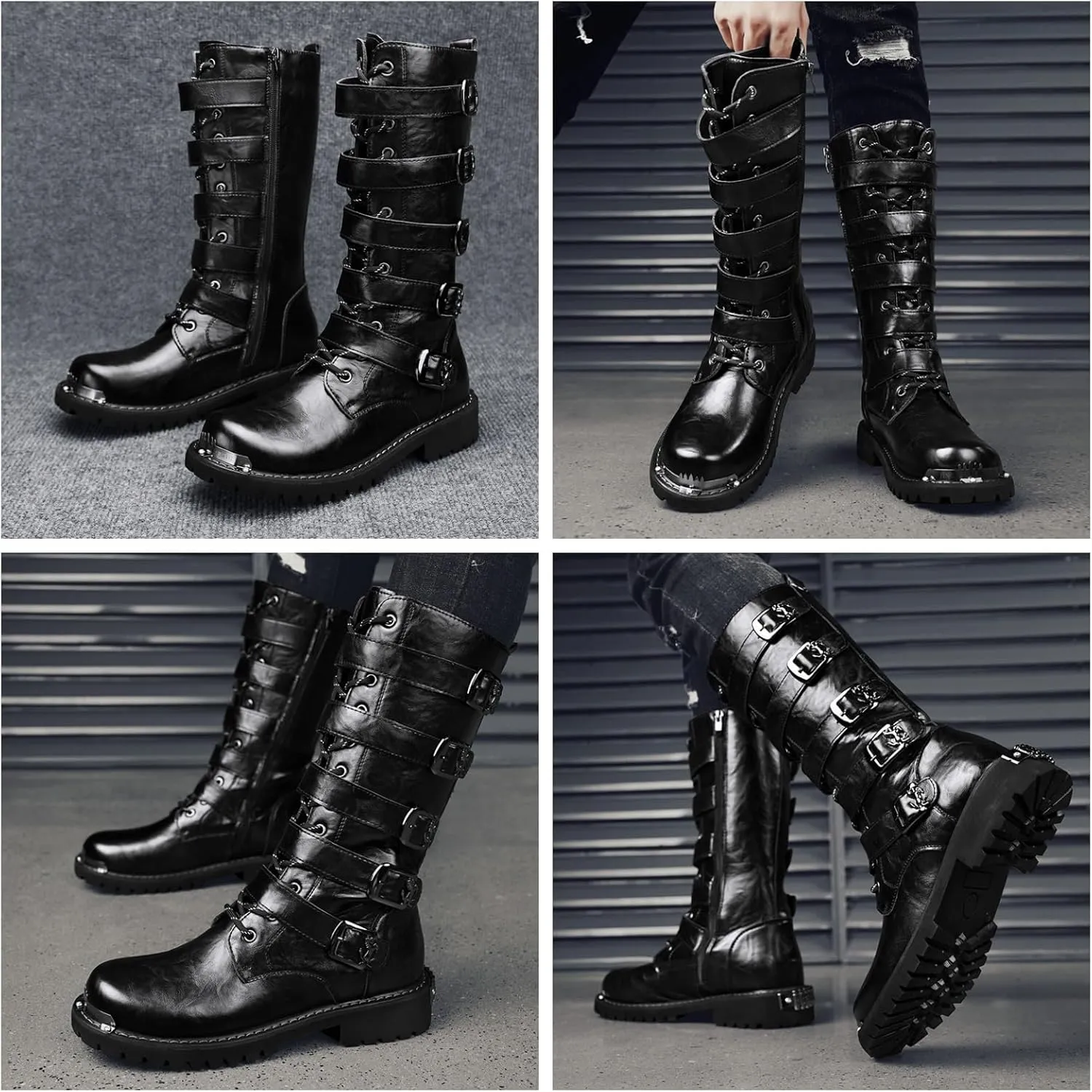 Men'S Black Leather Motorcycle Boots With Single Zip & 5-Buckle System Steel Toe Cap & Anti-Slip Rubber Sole Thickened Traction Outsole For Highway Riding Punk Style Ankle Support