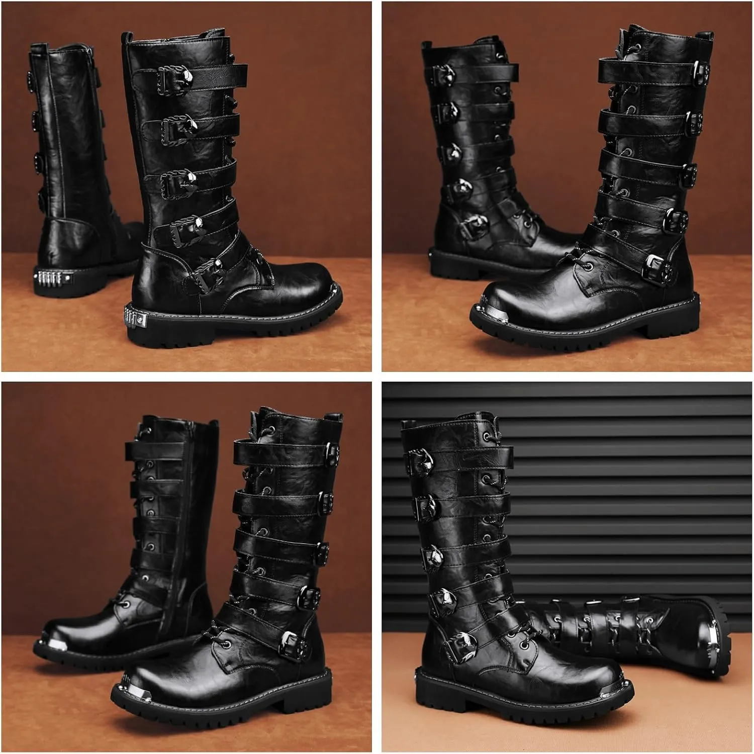 Men'S Black Leather Motorcycle Boots With Single Zip & 5-Buckle System Steel Toe Cap & Anti-Slip Rubber Sole Thickened Traction Outsole For Highway Riding Punk Style Ankle Support