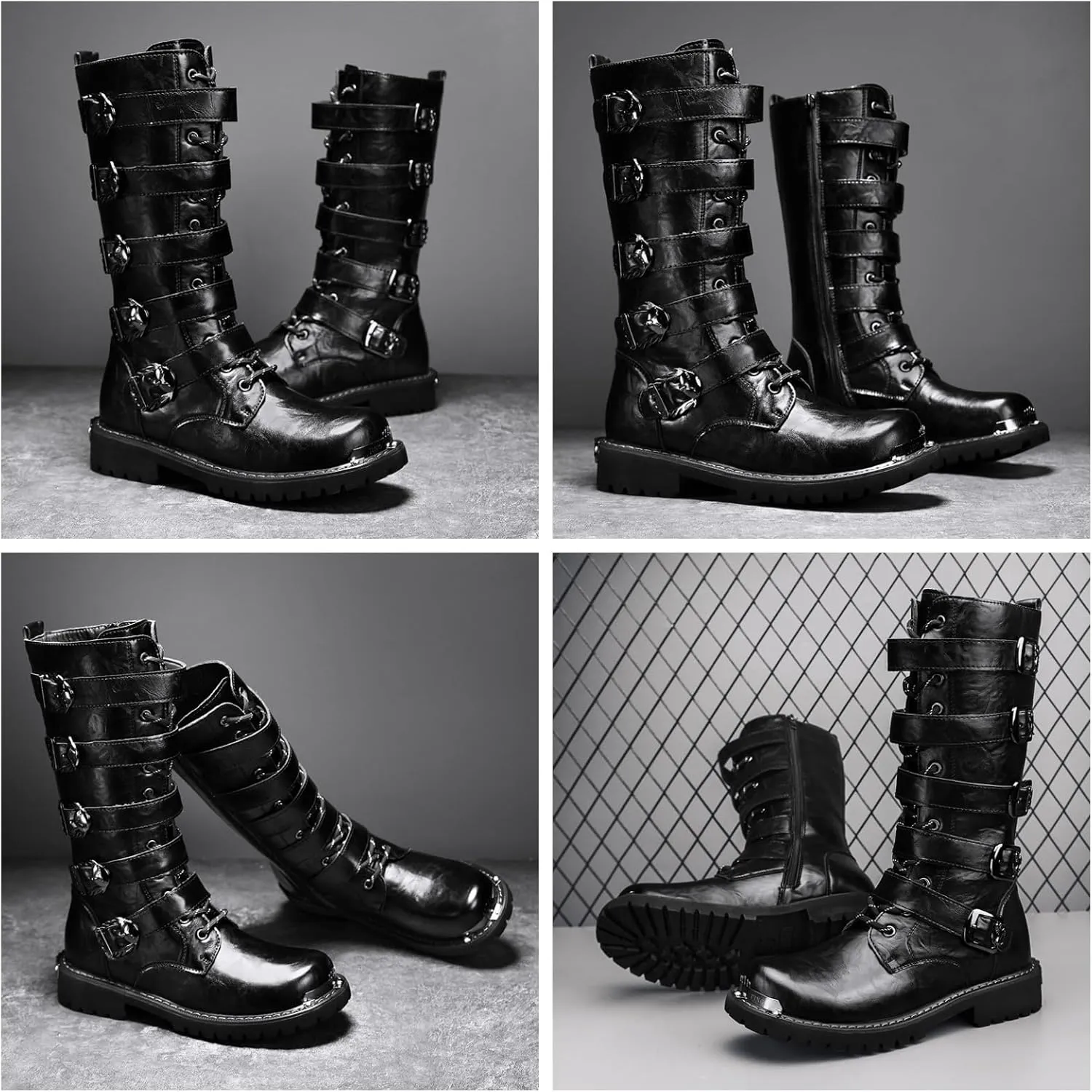 Men'S Black Leather Motorcycle Boots With Single Zip & 5-Buckle System Steel Toe Cap & Anti-Slip Rubber Sole Thickened Traction Outsole For Highway Riding Punk Style Ankle Support