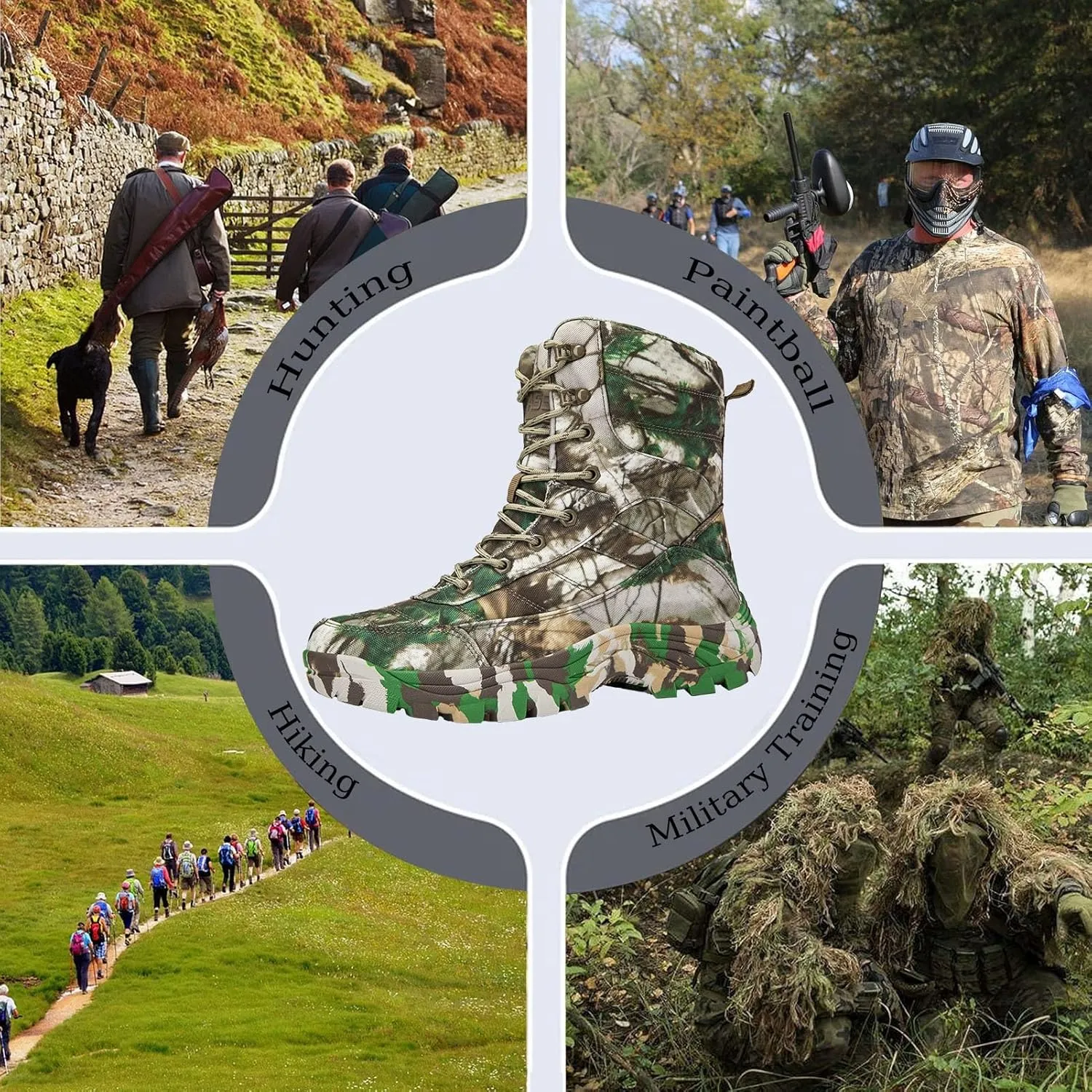 Mens Camo Tactical Combat Boots  Lightweight, Waterproof Hunting & Military Boots With Non-Slip Sole for Outdoor, Hiking & Work