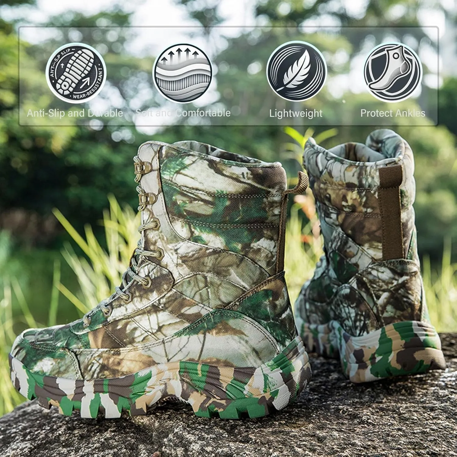 Mens Camo Tactical Combat Boots  Lightweight, Waterproof Hunting & Military Boots With Non-Slip Sole for Outdoor, Hiking & Work