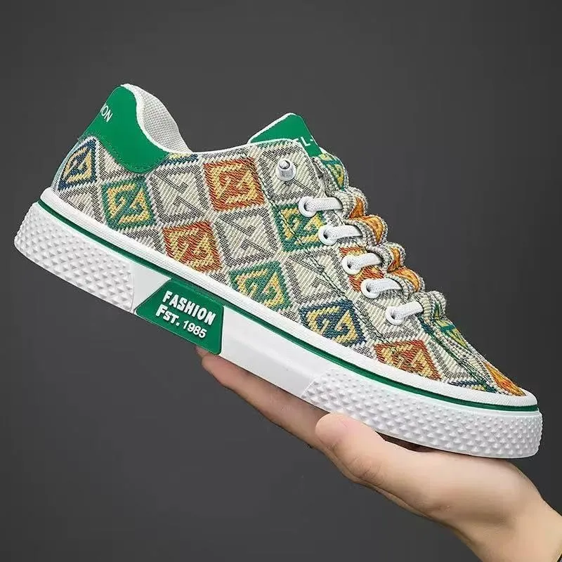 Men's Casual Printed Canvas Shoes, Fashionable Loafers, Flat Anti-Slip and wear-Resistant Sports Skateboards, Outdoor Daily wear