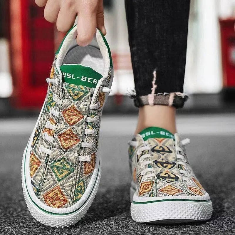 Men's Casual Printed Canvas Shoes, Fashionable Loafers, Flat Anti-Slip and wear-Resistant Sports Skateboards, Outdoor Daily wear