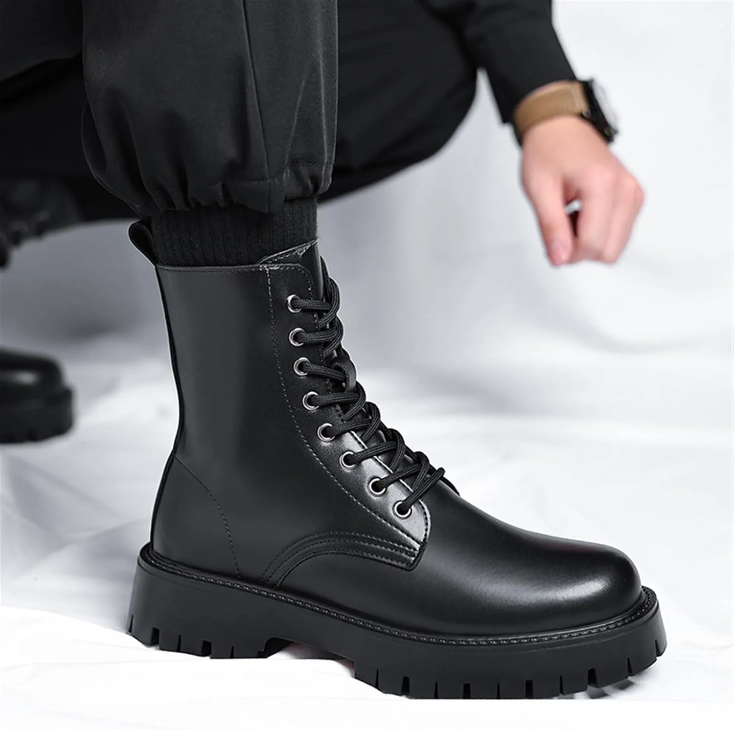 Men's Chukka Boots Fashion Motorcycle Boots Leather Platform Lug Sole Ankle Boots Side Zipper Combat Boots For Men
