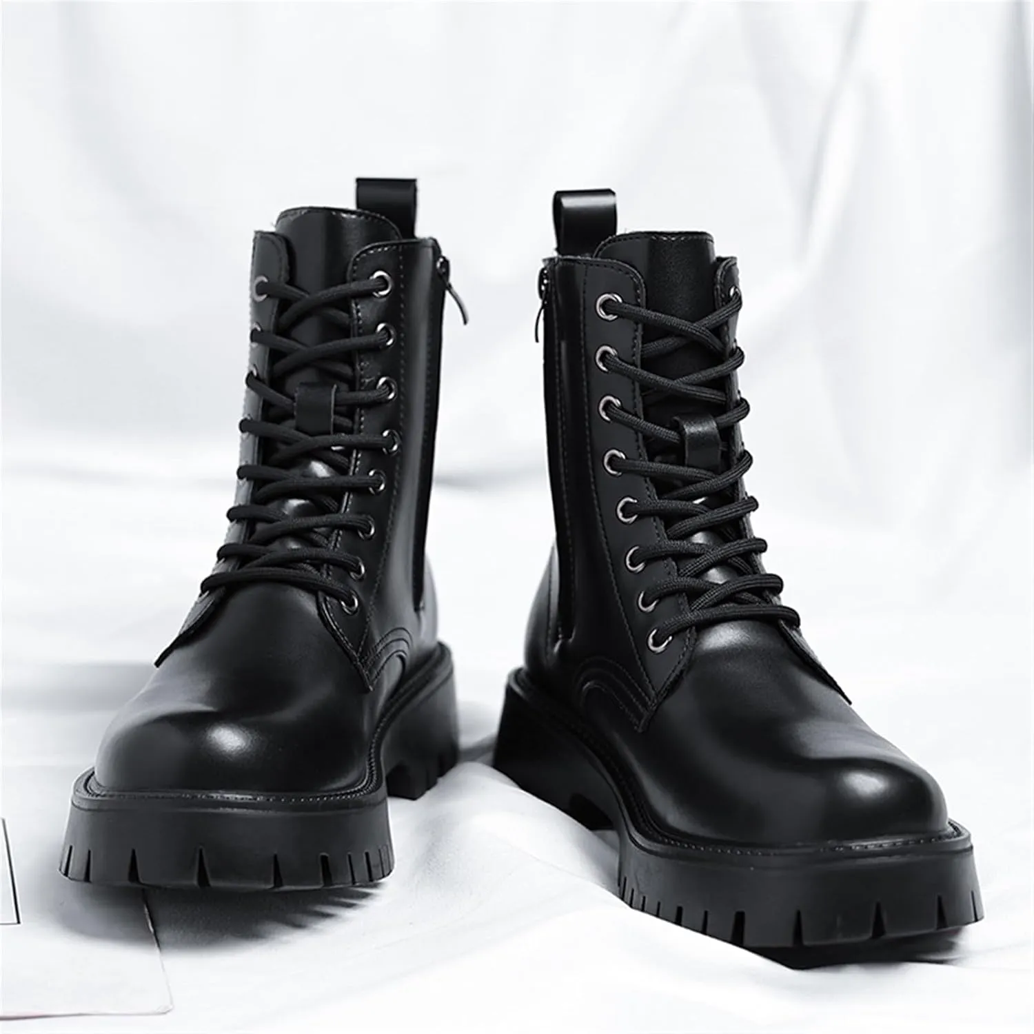 Men's Chukka Boots Fashion Motorcycle Boots Leather Platform Lug Sole Ankle Boots Side Zipper Combat Boots For Men