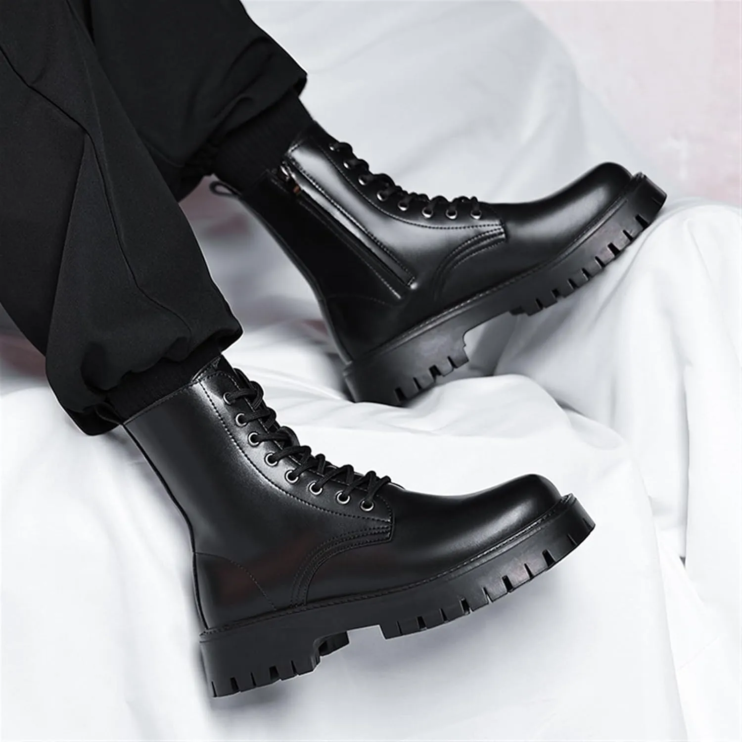 Men's Chukka Boots Fashion Motorcycle Boots Leather Platform Lug Sole Ankle Boots Side Zipper Combat Boots For Men