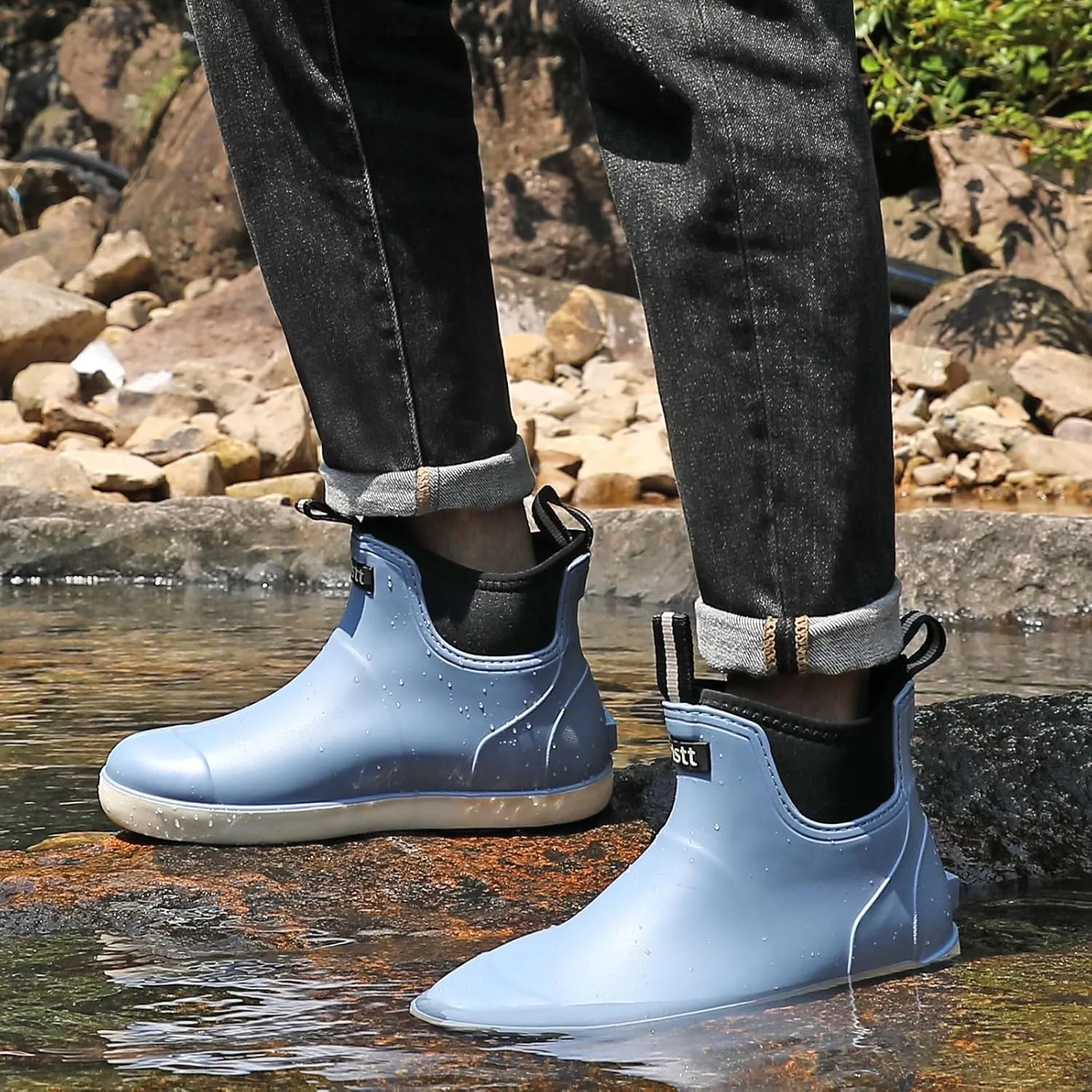 Men??s Deck Boots, Waterproof Men High Traction Fishing Boots, Lightweight Garden Rain Boots, Rubber Boots for Work Ankle, Durable Water Shoes for Boat