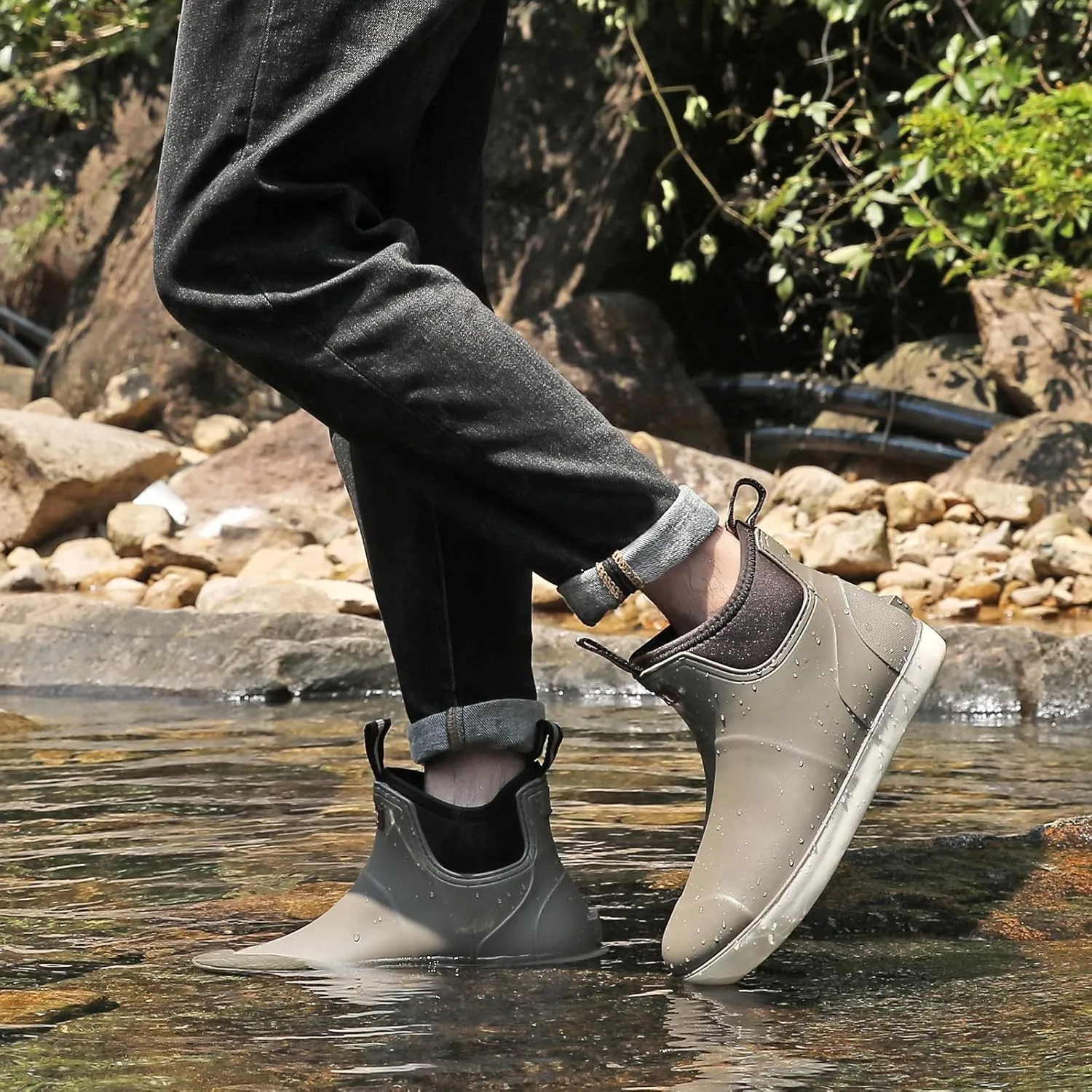 Men??s Deck Boots, Waterproof Men High Traction Fishing Boots, Lightweight Garden Rain Boots, Rubber Boots for Work Ankle, Durable Water Shoes for Boat