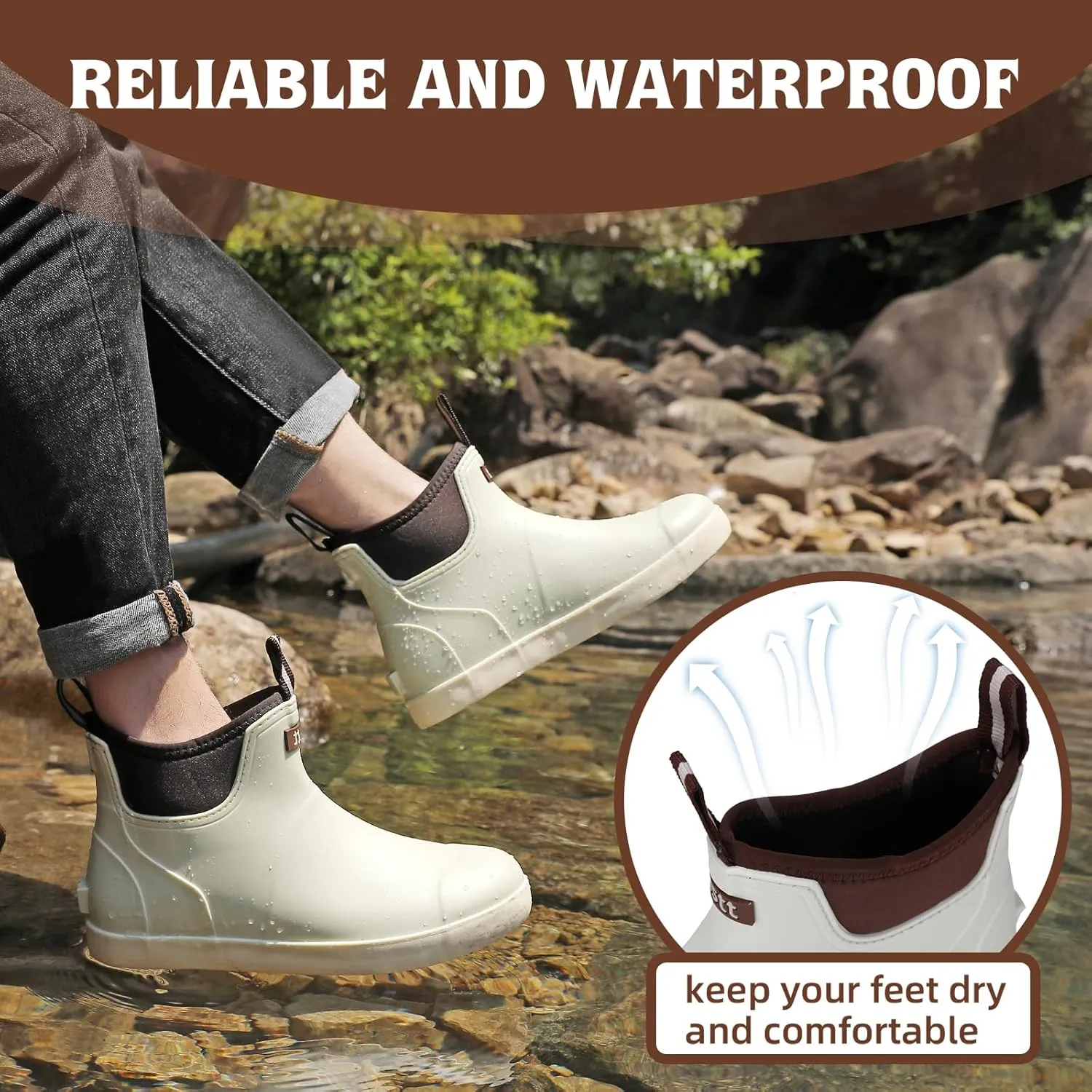 Men??s Deck Boots, Waterproof Men High Traction Fishing Boots, Lightweight Garden Rain Boots, Rubber Boots for Work Ankle, Durable Water Shoes for Boat