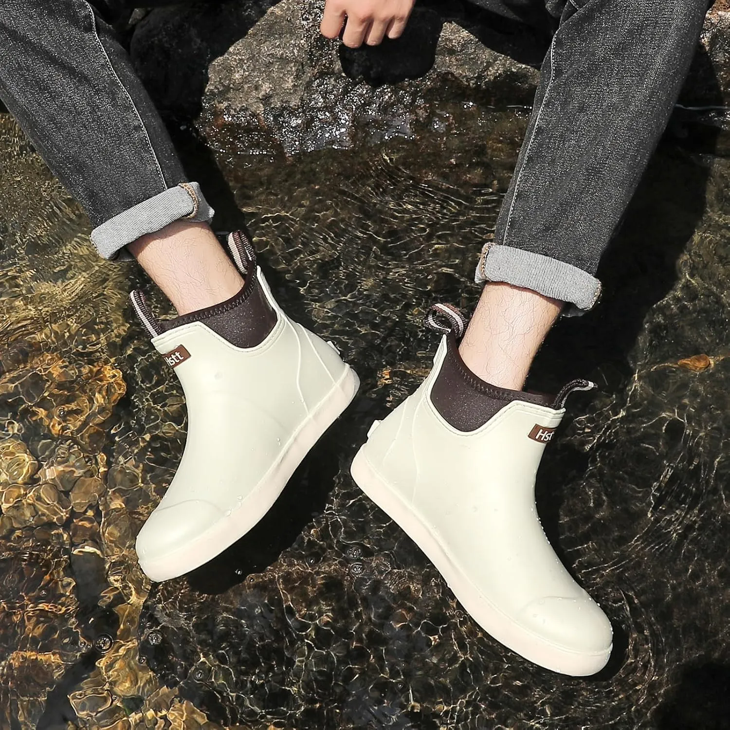 Men??s Deck Boots, Waterproof Men High Traction Fishing Boots, Lightweight Garden Rain Boots, Rubber Boots for Work Ankle, Durable Water Shoes for Boat
