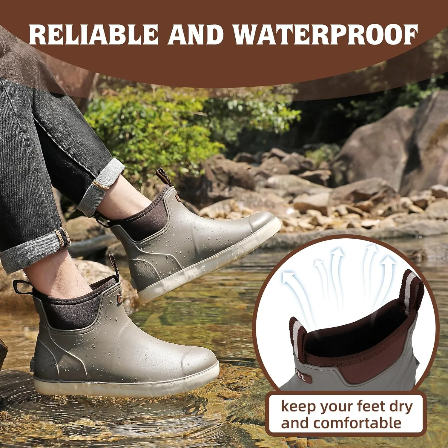 Men??s Deck Boots, Waterproof Men High Traction Fishing Boots, Lightweight Garden Rain Boots, Rubber Boots for Work Ankle, Durable Water Shoes for Boat