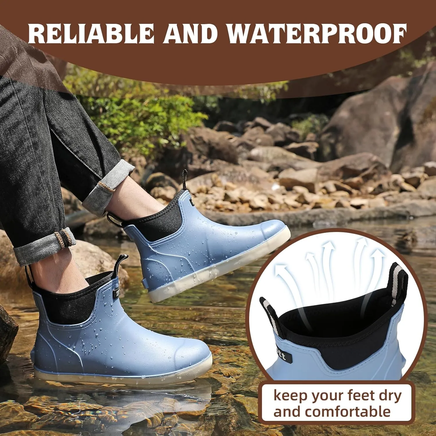 Men??s Deck Boots, Waterproof Men High Traction Fishing Boots, Lightweight Garden Rain Boots, Rubber Boots for Work Ankle, Durable Water Shoes for Boat