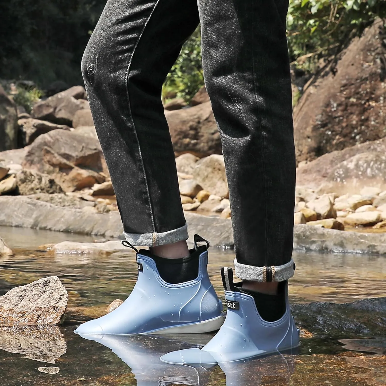 Men??s Deck Boots, Waterproof Men High Traction Fishing Boots, Lightweight Garden Rain Boots, Rubber Boots for Work Ankle, Durable Water Shoes for Boat