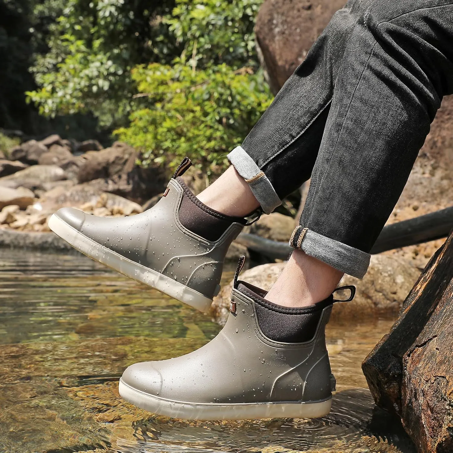 Men??s Deck Boots, Waterproof Men High Traction Fishing Boots, Lightweight Garden Rain Boots, Rubber Boots for Work Ankle, Durable Water Shoes for Boat