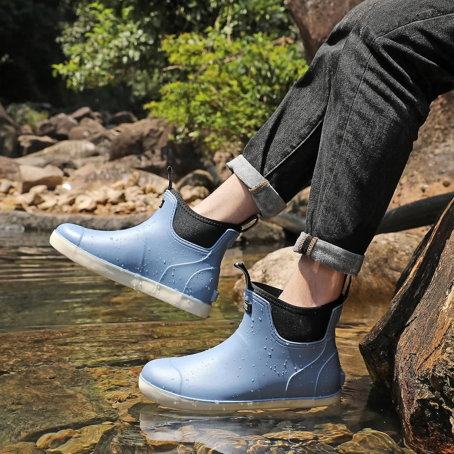 Men??s Deck Boots, Waterproof Men High Traction Fishing Boots, Lightweight Garden Rain Boots, Rubber Boots for Work Ankle, Durable Water Shoes for Boat