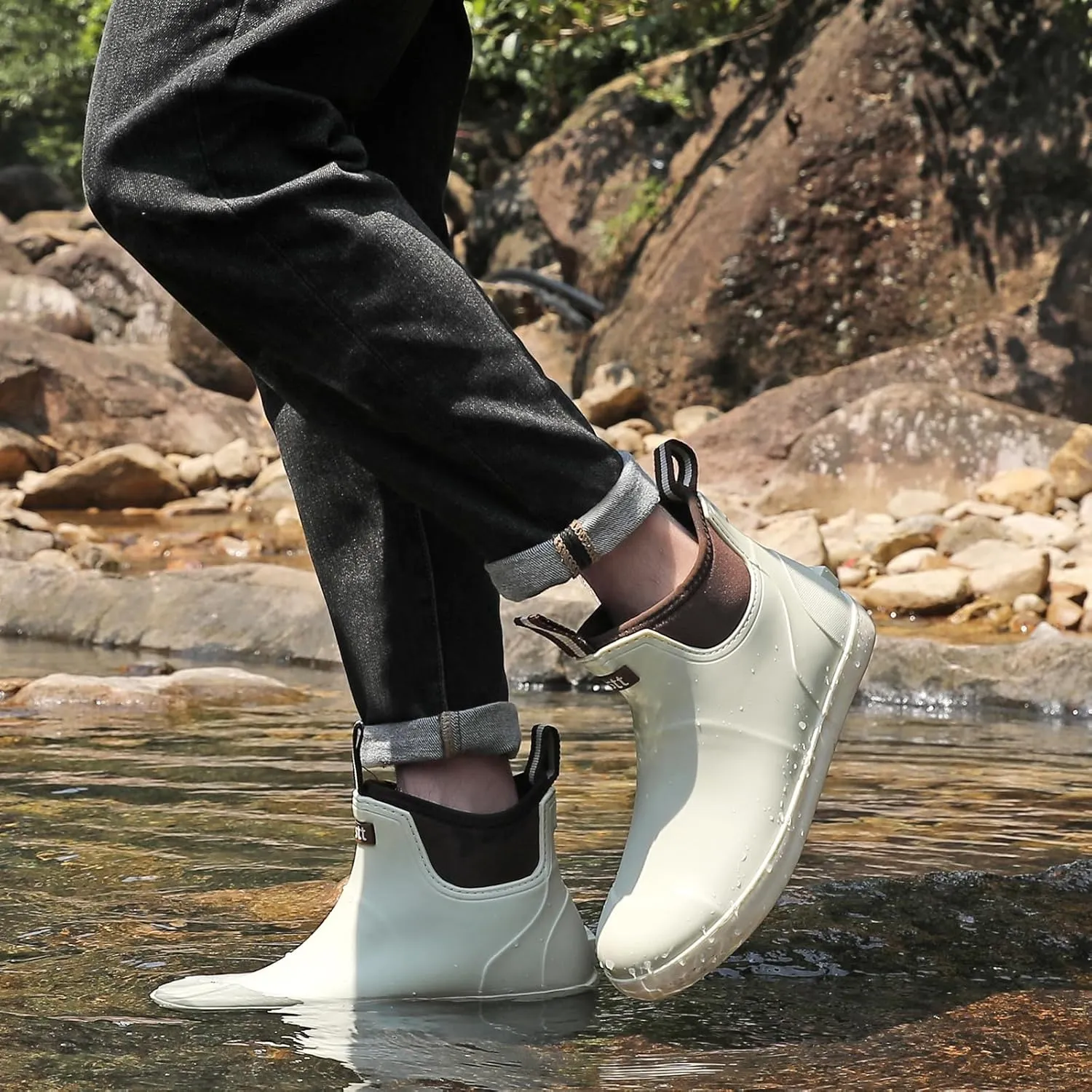 Men??s Deck Boots, Waterproof Men High Traction Fishing Boots, Lightweight Garden Rain Boots, Rubber Boots for Work Ankle, Durable Water Shoes for Boat