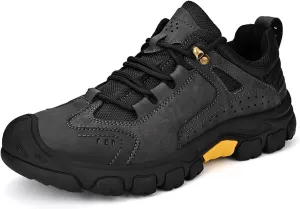 Men's Fashion Hiking Shoes Leather Lace Up Breathable Non-Slip Soft Low Top Wear-Resistant Lightweight Casual Walking Work Shoes for Outdoor Trailing Trekking