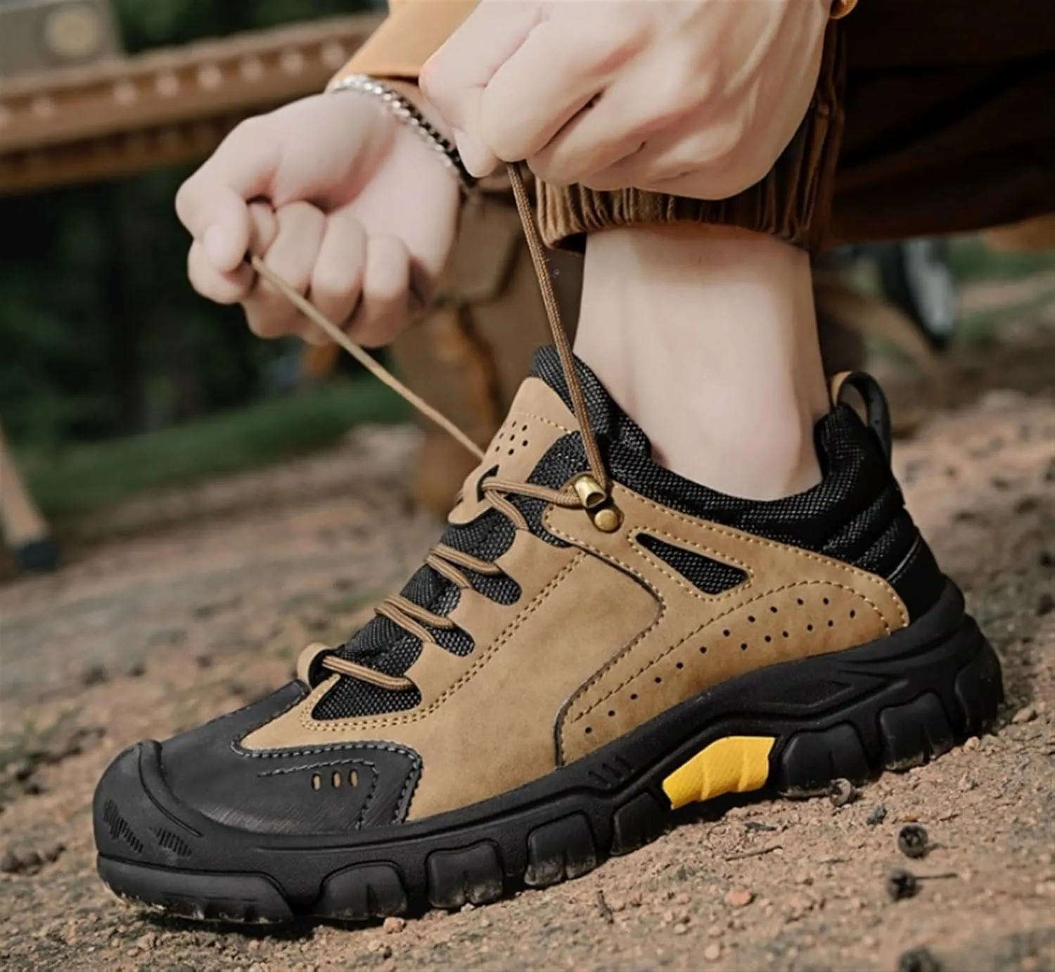 Men's Fashion Hiking Shoes Leather Lace Up Breathable Non-Slip Soft Low Top Wear-Resistant Lightweight Casual Walking Work Shoes for Outdoor Trailing Trekking