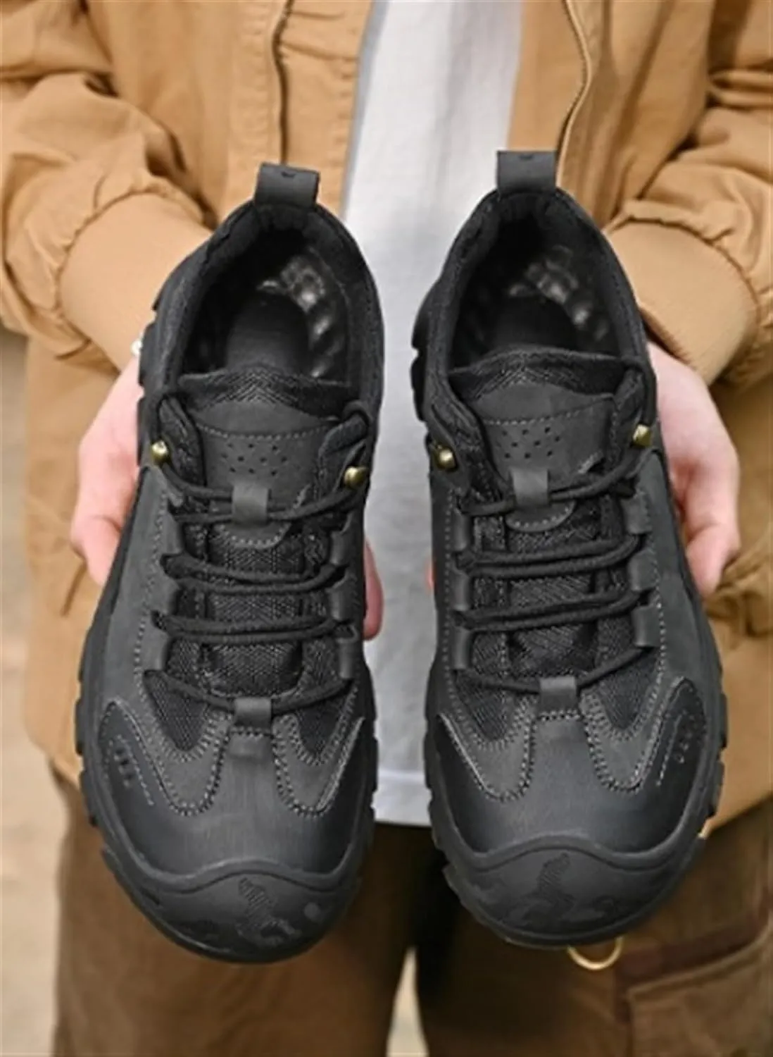 Men's Fashion Hiking Shoes Leather Lace Up Breathable Non-Slip Soft Low Top Wear-Resistant Lightweight Casual Walking Work Shoes for Outdoor Trailing Trekking