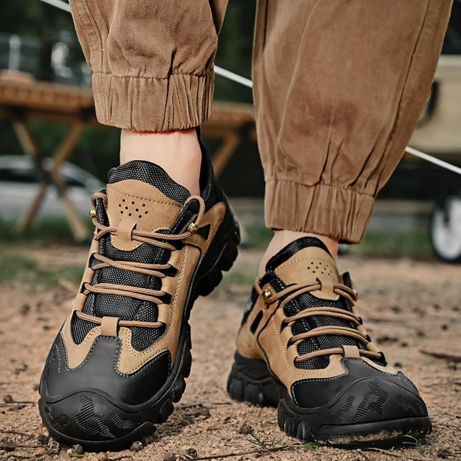 Men's Fashion Hiking Shoes Leather Lace Up Breathable Non-Slip Soft Low Top Wear-Resistant Lightweight Casual Walking Work Shoes for Outdoor Trailing Trekking