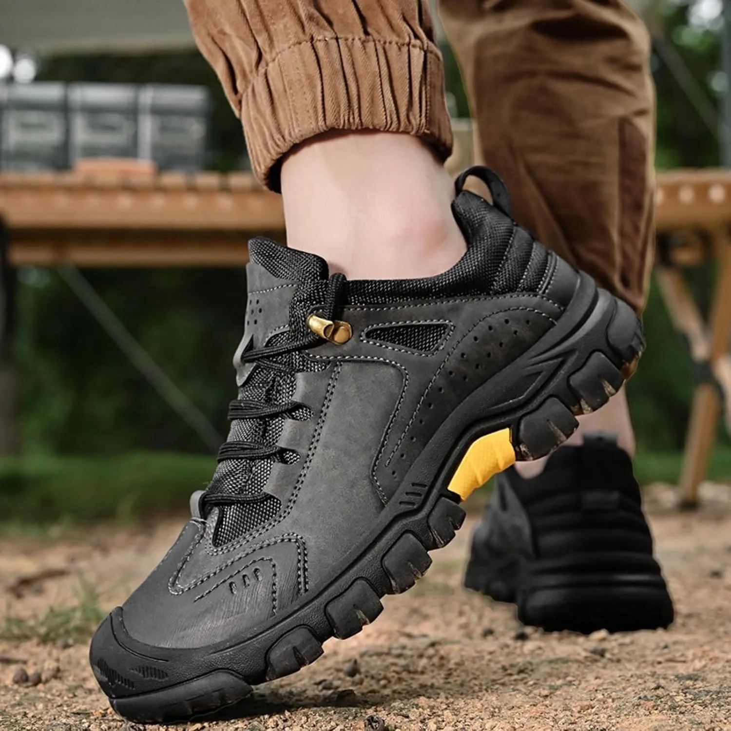 Men's Fashion Hiking Shoes Leather Lace Up Breathable Non-Slip Soft Low Top Wear-Resistant Lightweight Casual Walking Work Shoes for Outdoor Trailing Trekking